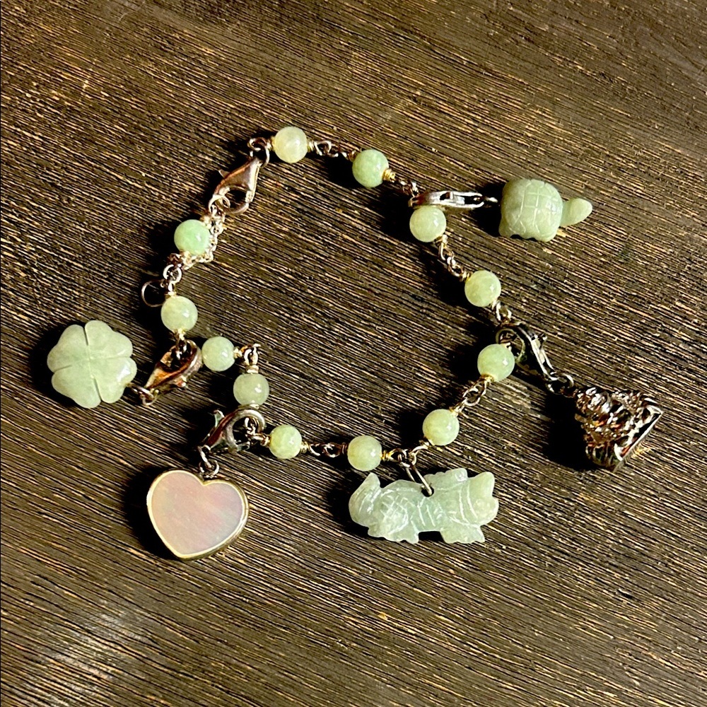 Jade & 925‎ Sterling Silver Charm Bracelet - Luck & Fortune Theme